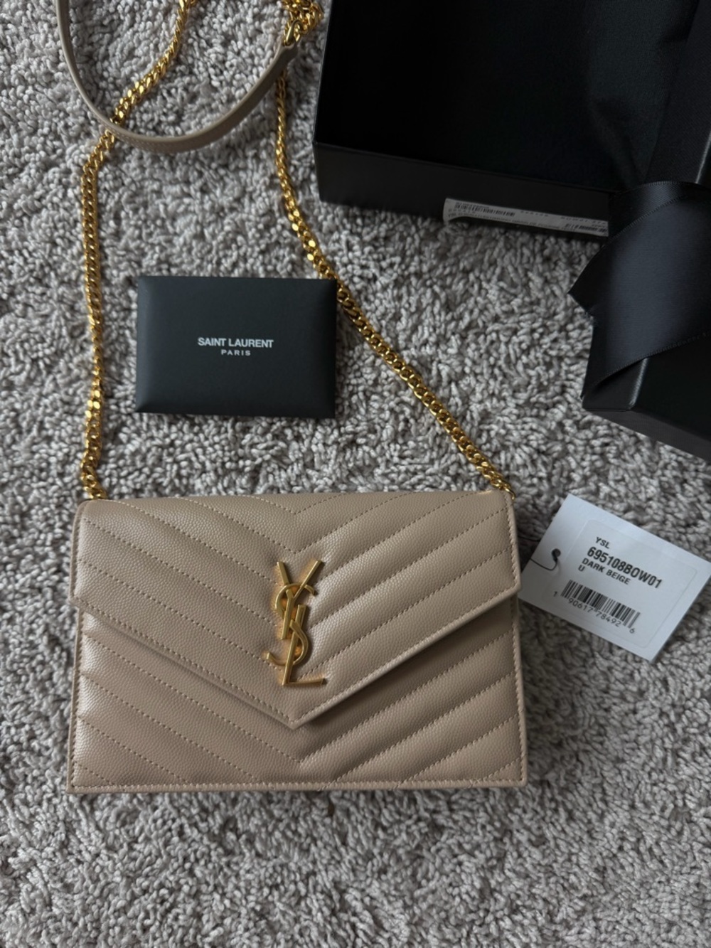 Saint Laurent Beige Quilted Leather Crossbody with Gold YSL Chain - Picture 2 of 12